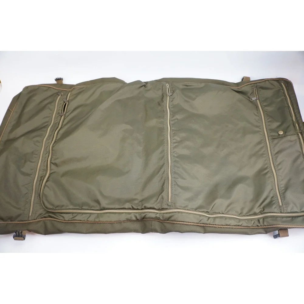 G.H. Bass Garment Bag Green Canvas Leather Trim Folding Travel Luggage Good
